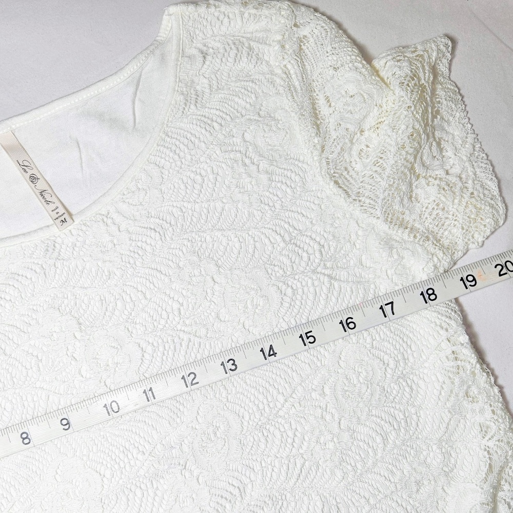 Leo & Nicole Ivory Lace Overlay Scoop Neck Short Sleeve Jersey Knit Top Womens M - Picture 7 of 7